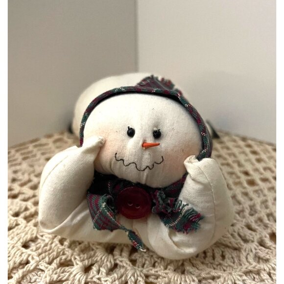 Vintage Handmade Snowman Pillow Plush With Tartan Scarf & Button Accents - Picture 1 of 5
